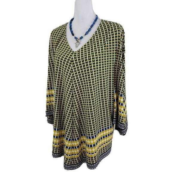 Chico's ~Woman Size 3~ Yellow/Blue Flare Top Blouse, Stretch, 3/4 Sleeve. - Picture 9 of 12
